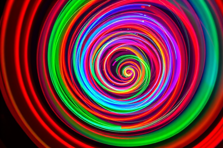 generate an abstract image of colorful light trails swirling in a vortex pattern with vivid reds, blues, greens, and yellows, using a Canon EOS R5, f/2.8 aperture, ISO 100, 24mm focal length, shot from a low angle with a long exposure for smooth light trails and vibrant colors