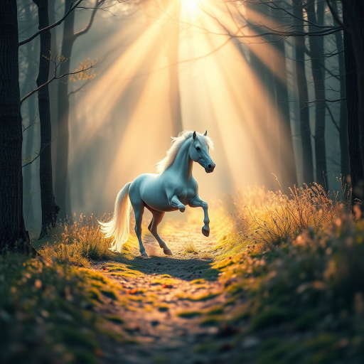 Create an enchanting scene of a unicorn galloping through a mystical forest at dawn, with soft rays of sunlight filtering through the trees, using a full-frame DSLR camera, 50mm lens at f/1.8, ISO 100, and a shutter speed of 1/200s for a dreamy, ethereal glow.
