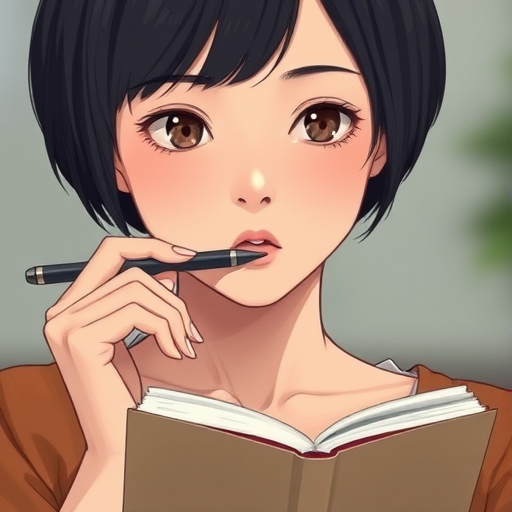 Create a detailed illustration of a person with short black hair holding a pen in her mouth and a notebook in her hands, captured with a Canon EOS R5, 50mm f/1.2 lens, Aperture f/1.8, ISO 200, and shallow depth of field for a soft background effect.