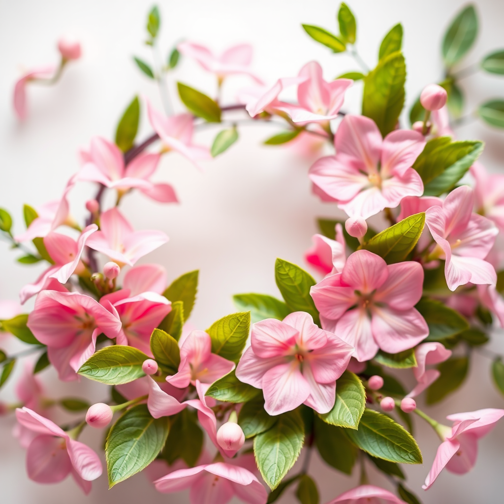 Create a high-resolution floral wreath design featuring delicate pink flowers and lush green leaves, shot with a DSLR camera at f/5.6 aperture, 50mm lens, natural light, overhead view, soft focus for a dreamy effect.