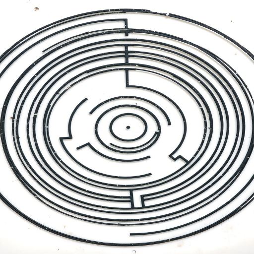 Create a high-resolution image of a circular labyrinth with intricate black lines on a white background, captured using a DSLR camera at f/5.6 aperture, ISO 100, and a shutter speed of 1/125 sec, in a top-down view style to enhance clarity and detail.