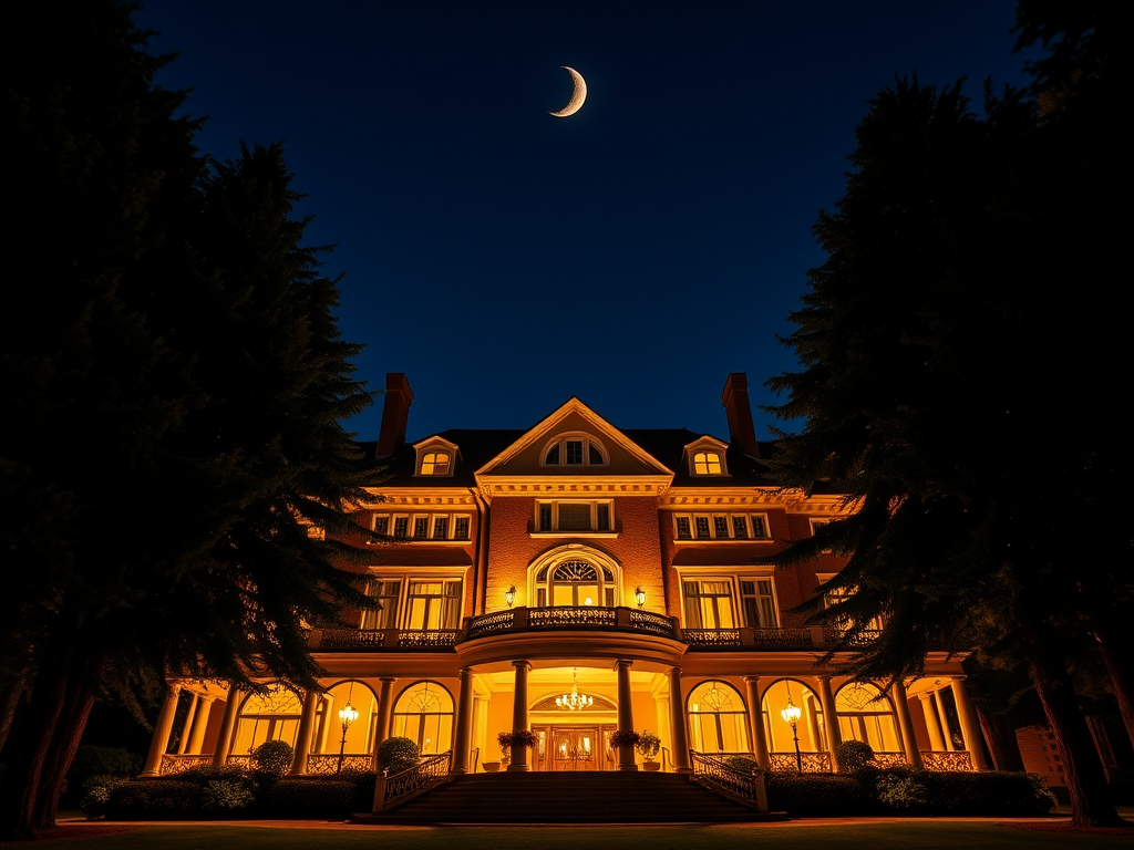 capture a grand mansion at night illuminated by warm lights under a crescent moon, surrounded by tall trees, using a DSLR camera with a 24mm lens, aperture f/2.8, ISO 400, 30-second exposure, low angle view for dramatic effect, nighttime shooting style for enhanced detail and contrast