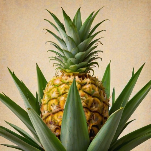 Generate an image of a fresh, ripe pineapple with a vibrant green crown and a textured yellow-brown surface.