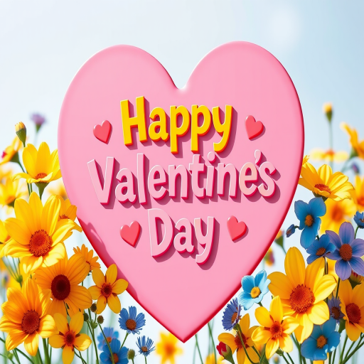 Create a vibrant digital illustration of a large heart shape with the text "Happy Valentine's Day" in playful, bold typography, surrounded by colorful flowers in yellow and blue, under soft natural lighting; use a high-resolution digital camera setting at f/2.8 aperture, a 50mm lens, and a bright color profile for enhanced image quality.