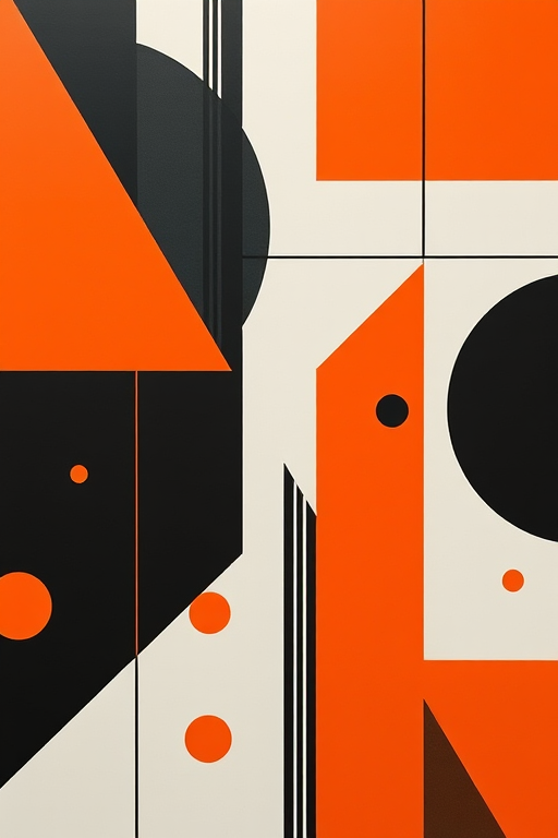 Abstract geometric design featuring bold orange, black, and white shapes with lines and dots, shot using a DSLR camera at f/8 aperture, ISO 100, 35mm lens, top-down view, high dynamic range imaging style to enhance color contrast and detail.