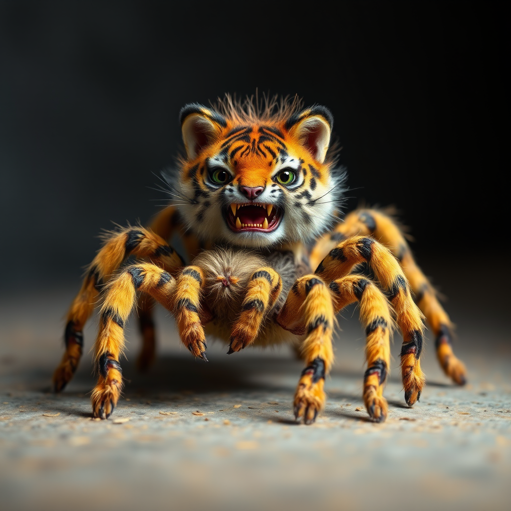 This charming yet frightening Spider Tiger features six legs, a hairy, furry body, and a cat-like tiger physique combined with an insectoid tiger head and tiger legs. The furry head further adds to the creature's unique appearance, creating a captivating blend of cuteness and fear that makes this six-legged, furry, insect-inspired tiger both adorable and scary.