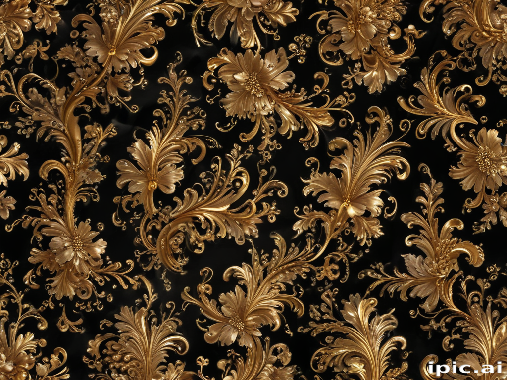 Elegant Vintage Floral Pattern in Rich Gold on Black Background Design.