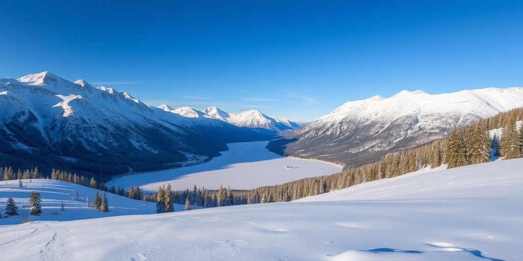 snowy mountain landscape with a frozen lake in the valley, clear blue sky, late afternoon light, camera type: DSLR, lens: 24-70mm f/2.8, settings: ISO 100, f/11, shutter speed 1/125s, perspective: wide angle from a high vantage point, slight foreground focus on snow-covered hills and trees to enhance depth