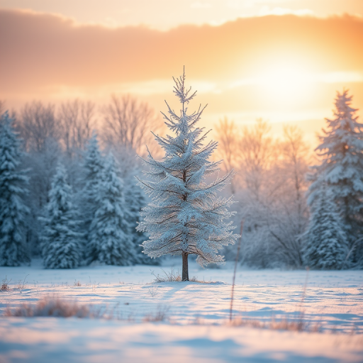 Winter landscape with snow-covered trees and a solitary tree in the foreground, golden hour lighting, captured with a DSLR camera using a 50mm lens, aperture f/8, ISO 100, shutter speed 1/125s, soft focus background.