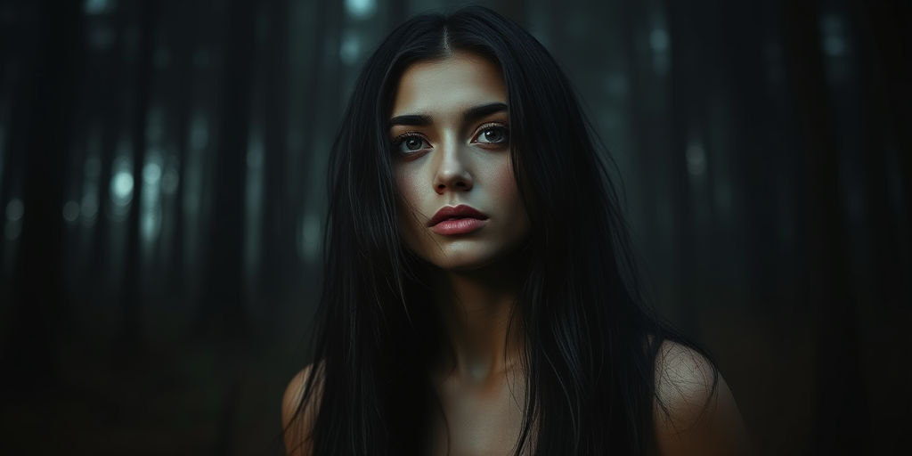 realistic image of a black haired woman, she is in a dark forest at night