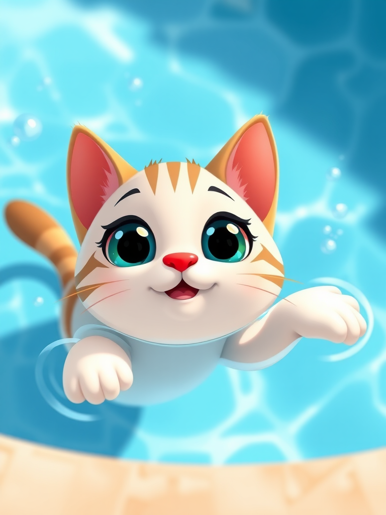 Create a vibrant illustration of a cute cartoon cat swimming in a sparkling blue pool, with large expressive eyes and playful bubbles around it, shot with a Canon EOS R5 at f/2.8, ISO 100, 50mm lens, shallow depth of field for enhanced clarity and focus on the cat.