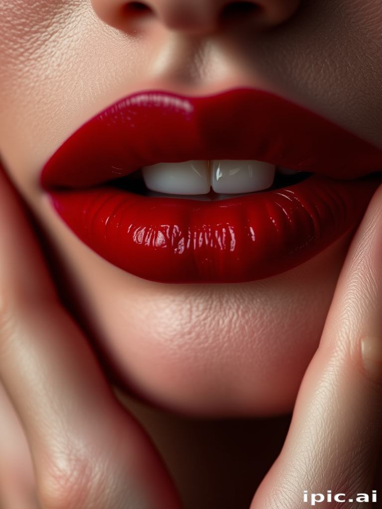 Velvety deep crimson lips with a soft, blurred edge, exuding mystery and allure, perfect for a sultry and romantic look