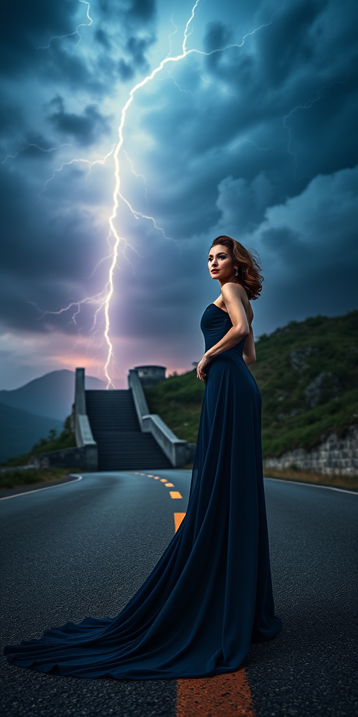 A woman in an elegant navy gown standing on an empty road under a dramatic sky with lightning and a mystical staircase in the background, shot with a DSLR camera at f/2.8, ISO 100, 1/500s, wide-angle lens, in a surreal, high-contrast style with vibrant colors.