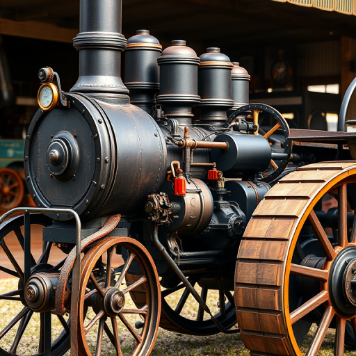 Create a highly detailed illustration of a vintage steam tractor, showcasing intricate mechanical elements, high resolution, shot with a Canon EOS 5D Mark IV, f/8 aperture, ISO 100, 50mm lens, side view, with soft natural lighting to enhance textures and contrast.