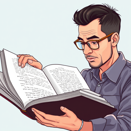 create an illustration of a bespectacled man focused intently on a large open book with his finger pointing at the pages, use a vector art style, capture with a high-resolution digital camera at 50mm focal length, f/2.8 aperture, and a soft lighting setup for clarity and depth