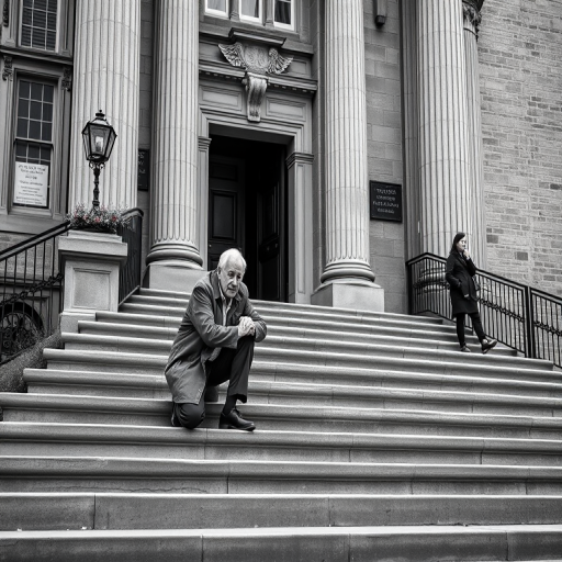 a black and white image of an elderly man kneeling on the steps of a historic building, with a contemporary figure standing nearby, captured with a DSLR camera at f/2.8 aperture, ISO 100, and a shutter speed of 1/250 sec, using a 50mm lens to enhance detail and depth of field, with a slight vignette effect for focus on the subject.