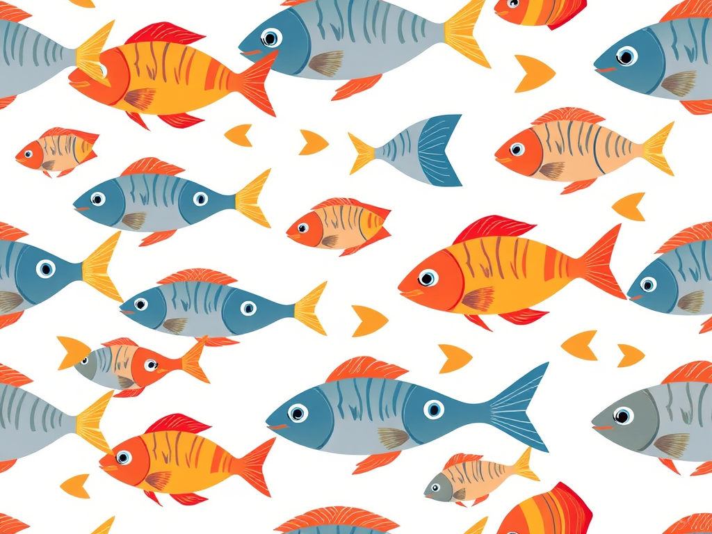 Create a seamless pattern illustration of stylized fish swimming in a white background, use a high-resolution digital art style, employ a Canon EOS R5 camera with an 85mm f/1.2 lens, set aperture to f/8 for depth of field, ISO 100 for clarity, and focus on vibrant contrast to enhance image quality.