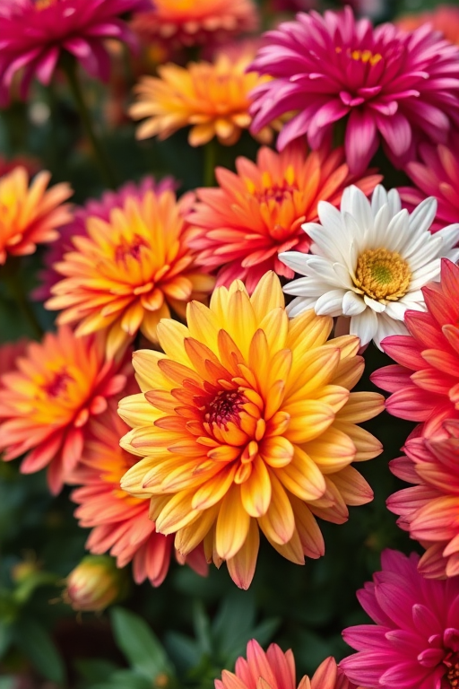 vibrant close-up of multi-colored chrysanthemums in full bloom, macro lens, f/2.8 aperture, 50mm focal length, natural lighting, shot from eye level, DSLR camera