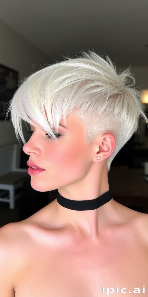 Striking platinum blonde pixie cut with asymmetrical bangs, dubbed "Arctic Frost," boasting shaved sides and a textured crown for an edgy yet sophisticated look