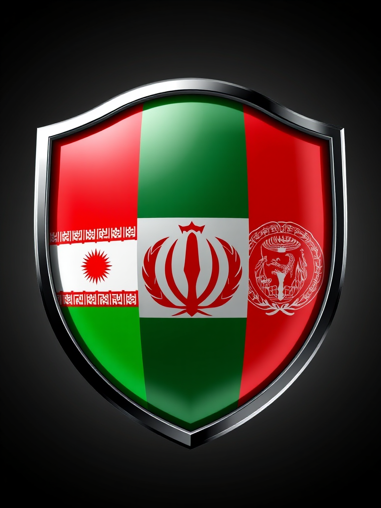 Create a high-resolution digital illustration of a shield featuring the flags of Tajikistan, Iran, and Afghanistan, with a glossy finish and a 3D effect, using a Canon EOS 5D Mark IV, f/8 aperture, ISO 100, and a 50mm lens for sharp detail, ensuring vibrant colors and enhanced contrast.