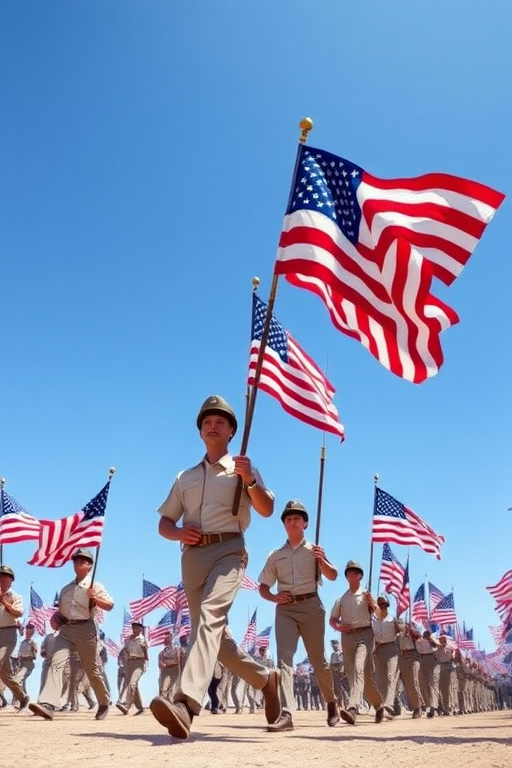 Create an illustration of multiple figures marching while carrying waving American flags with a bright blue sky background, using a wide-angle lens, f/8 aperture, 1/250s shutter speed, and natural lighting for enhanced vibrancy and detail.