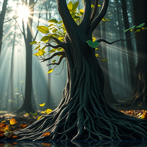 Create a high-resolution fantasy image of a humanoid figure made of tree roots and leaves, set in a mystical forest with sun rays filtering through the trees, using a Canon EOS R5, with a 50mm f/1.2 lens, aperture set to f/2.8, ISO 100, and a gentle bokeh effect.