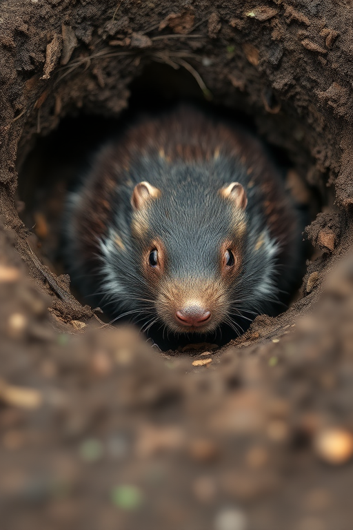 A close-up shot of a mole emerging from a burrow with detailed textures of fur and soil, captured with a Canon EOS R5, 85mm f/1.2 lens, aperture at f/2.0, ISO 100, 1/200s, natural light, shallow depth of field.