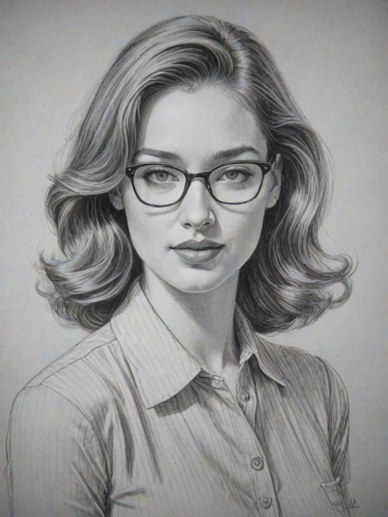 Ravishing Kristen Connolly, pencil sketch, portrait of Attractive woman 1945s in glasses, hair style beatnik, outline, clear lines, fine lines, 8k