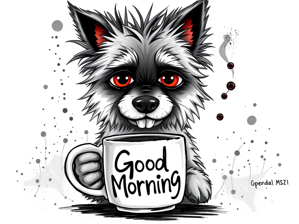 A quirky, artistic illustration of a disheveled german spitz with exaggerated, large eyes and spiky fur, holding a coffee mug that reads "Good Morning". The dog has a tired but humorous expression, with ink splatters and abstract details surrounding it, giving a whimsical feel to the image. The color palette is mostly monochrome with hints of red in the eyes and steam rising from the mug, enhancing the overall sleepy vibe