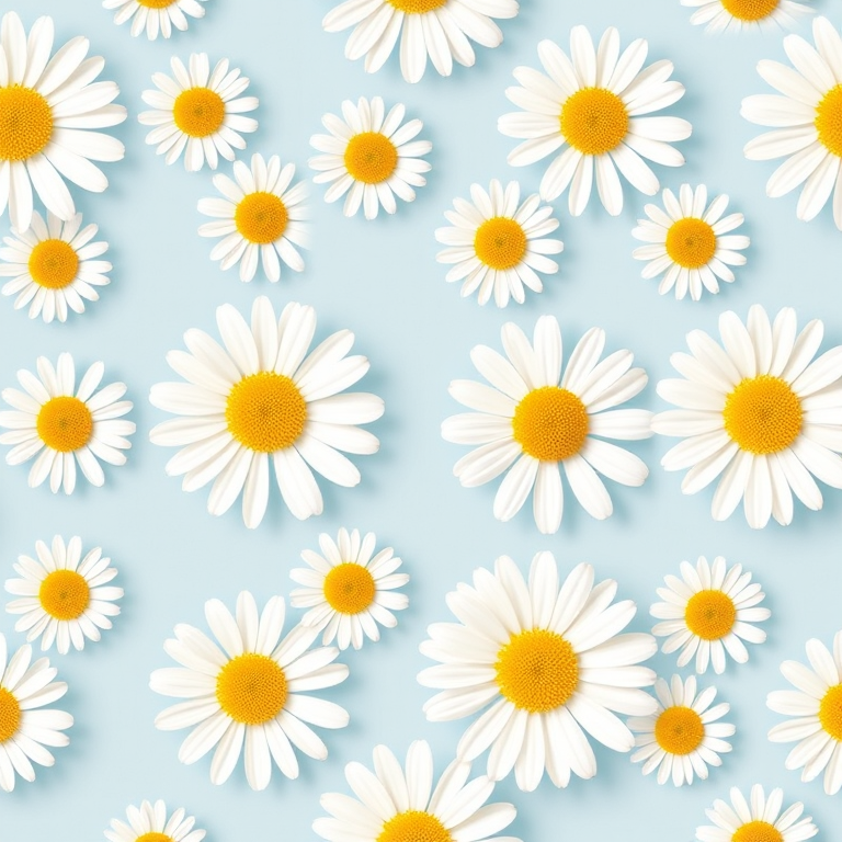 create a repeating pattern of white daisies with yellow centers on a light blue background