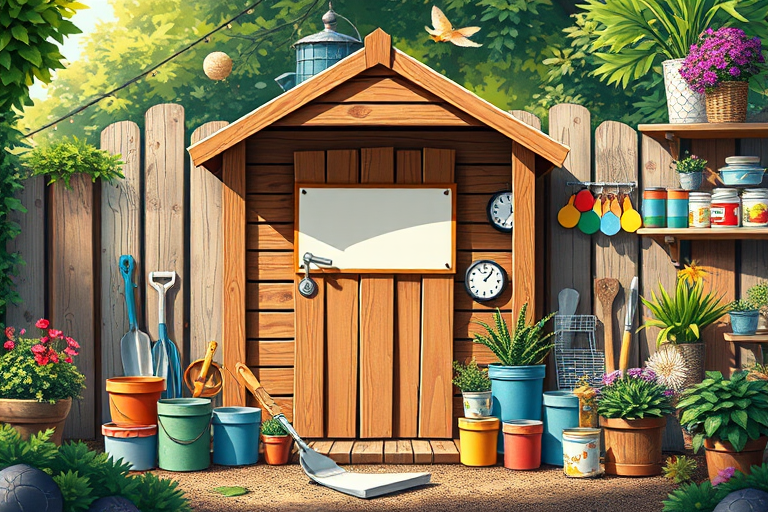 Create a high-resolution digital illustration of a colorful garden shed scene featuring a wooden shed with a blank sign, surrounded by various gardening tools, paint cans, and decorations, captured with a DSLR camera at f/2.8 aperture, ISO 100, 50mm lens, in a vibrant and well-lit setting, with a shallow depth of field for enhanced detail.