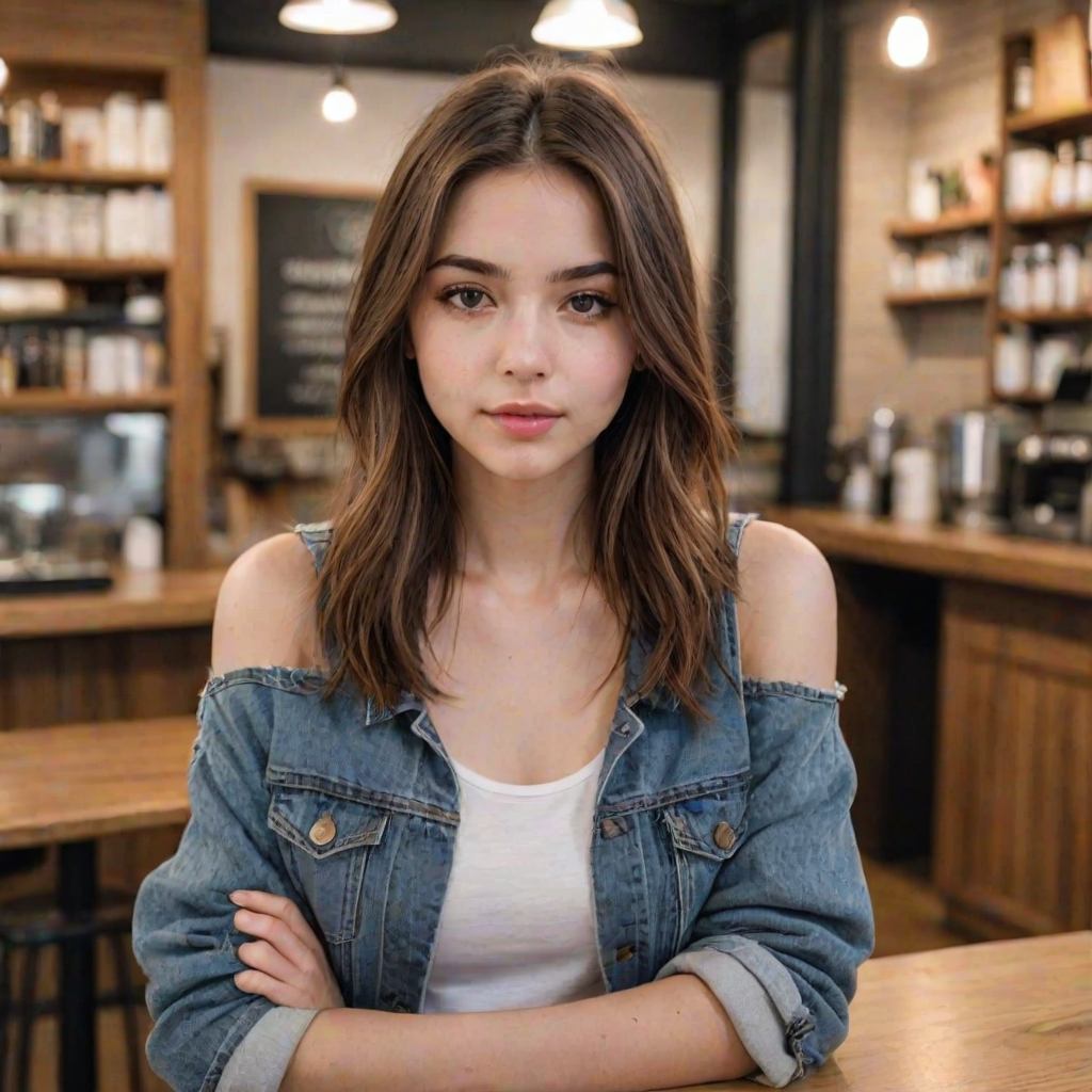 score_9, score_8_up, score_8, score_7_up, score_7, score_6_up, score_6, score_5_up, score_5,  21 year old 1girl, beautiful face, cute girl, gorgeous, supermodel, dark brown eyes, shoulder-length straight hair, parted in the middle, furry denim jacket, white tank top, makeup. Pale smooth Skin, coffee shop blurry background.