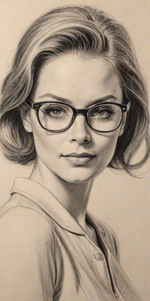 Splendid Kristin Bauer, pencil sketch, portrait of Fetching woman 1958s in glasses, hair style beatnik, outline, clear lines, fine lines, 8k