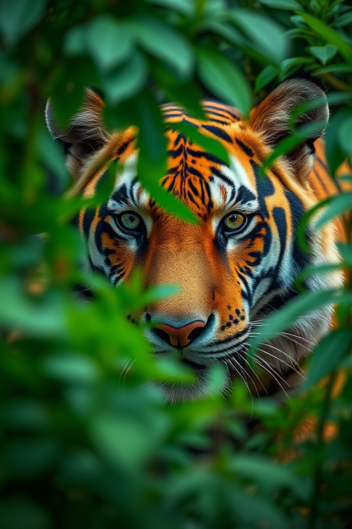 Regenerate an image of a tiger's face peering through lush green foliage, 50mm lens, f/2.8 aperture, ISO 100, shot from eye level, using a DSLR camera with high dynamic range imaging for enhanced detail and color vibrancy.
