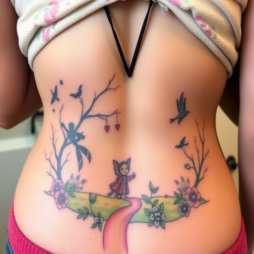 Illustrative tattoo depicting a whimsical fairy tale scene on the ribs, with soft pastel colors and storybook-like linework and shading