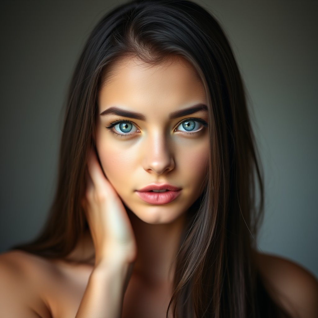 portrait of a young woman with long dark hair and striking blue eyes, soft natural light, shallow depth of field, 85mm lens, f/1.8, ISO 100, DSLR, studio setup