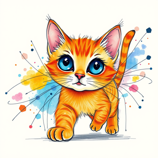 A vibrant childs coloured pencil drawn illustration of a bright orange cat with large, expressive blue eyes, a very cute style. The cat appears to be walking towards the viewer, surrounded by an abstract splash of colors and fine black lines, giving the image a dynamic and artistic flair. The background is a soft beige, highlighting the cat's vivid coloration and playful demeanor. Naively drawn scratchy line style.