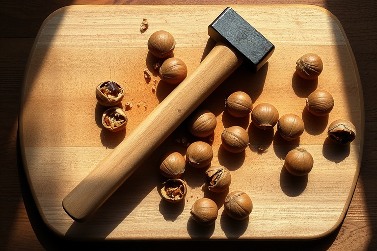 Still life composition of a wooden hammer resting on a cutting board with broken walnut shells and whole hazelnuts scattered around, natural sunlight casting soft shadows, camera settings: ISO 100, aperture f/4, shutter speed 1/125, focal length 50mm, camera view from above at a 45-degree angle, using a DSLR camera with a macro lens for enhanced detail and clarity.