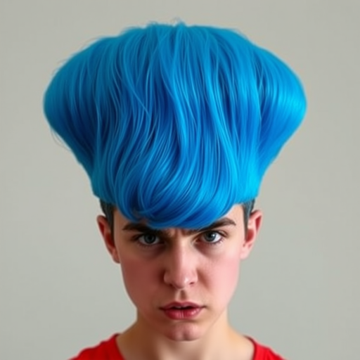 Image of a person with their hair styled upright,  in a cylinder shape. The hair  color is neon blue and appears to be held in place by a hair product, giving it a fluffy texture. The background is nondescript, and the person's face is looking at the viewer nervously.
