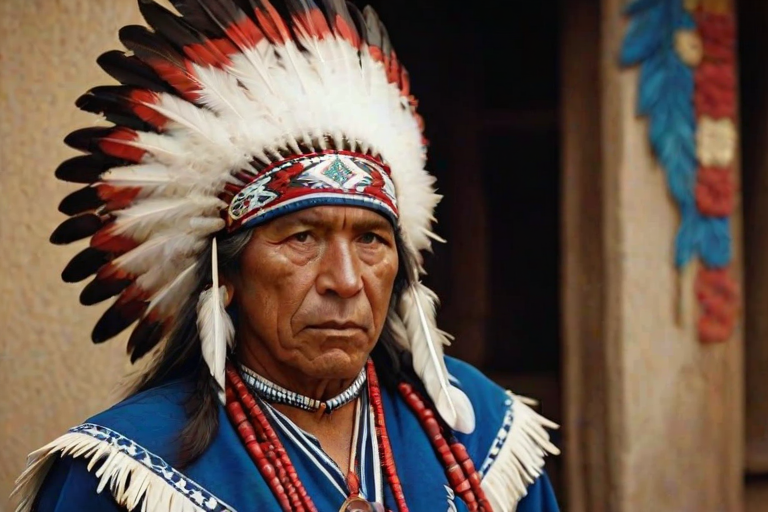 Create a dignified portrait of a Native American man dressed in traditional attire. He wears a beautifully crafted headdress adorned with white feathers and red beads, along with a beaded headband featuring intricate patterns. His clothing includes a deep blue, patterned shirt and a traditional chest piece with detailed beadwork. His arms are crossed, displaying leather armbands decorated with feathers. The background is simple and neutral, emphasizing his proud and stoic expression. The overall image captures the rich cultural heritage and strength of his persona.