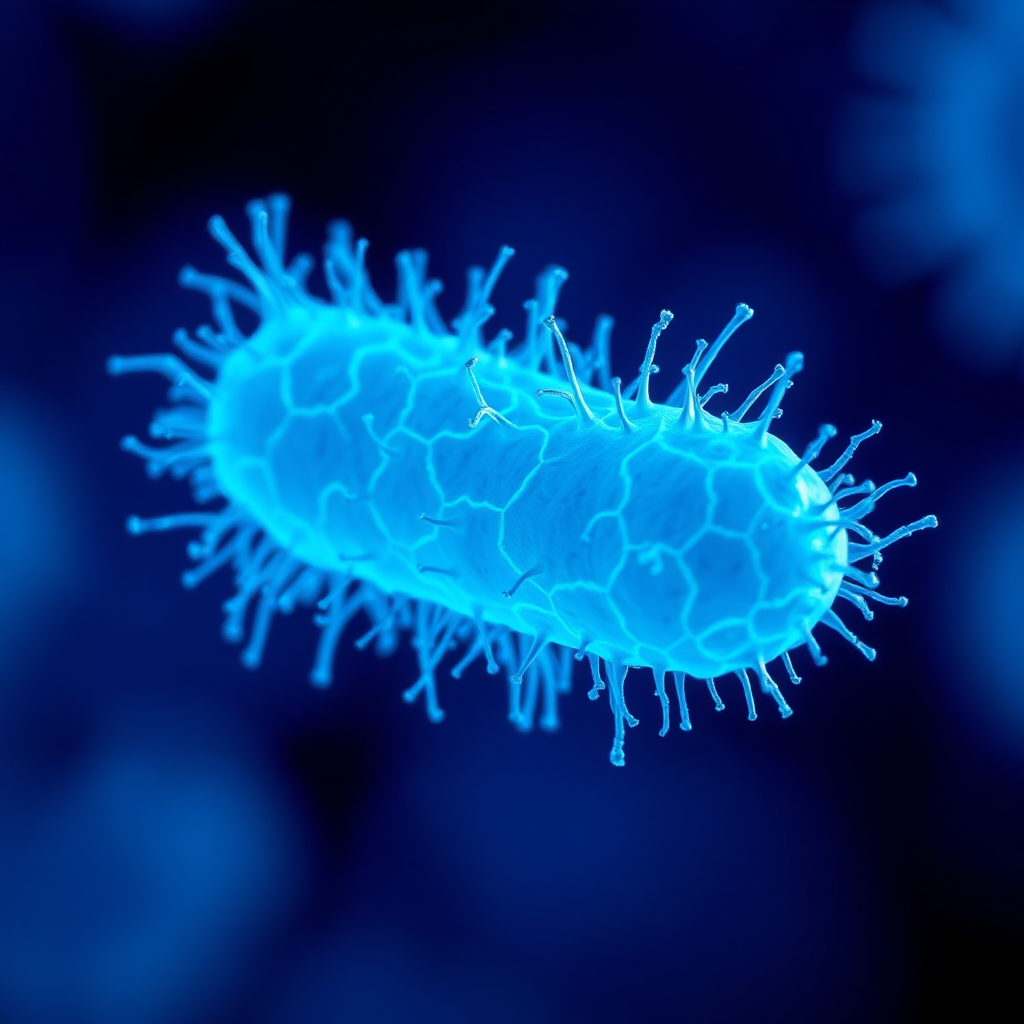 highly detailed microscopic view of bacteria, illuminated in vibrant blue tones, with soft focus background to enhance depth, macro lens, aperture f/2.8, shutter speed 1/250s, ISO 100, taken with a DSLR camera
