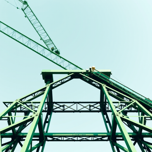 Create a high-resolution vector illustration of an abstract crane structure with a green color scheme, using a 50mm lens, f/8 aperture, ISO 100, shot from a low angle to emphasize height and detail.