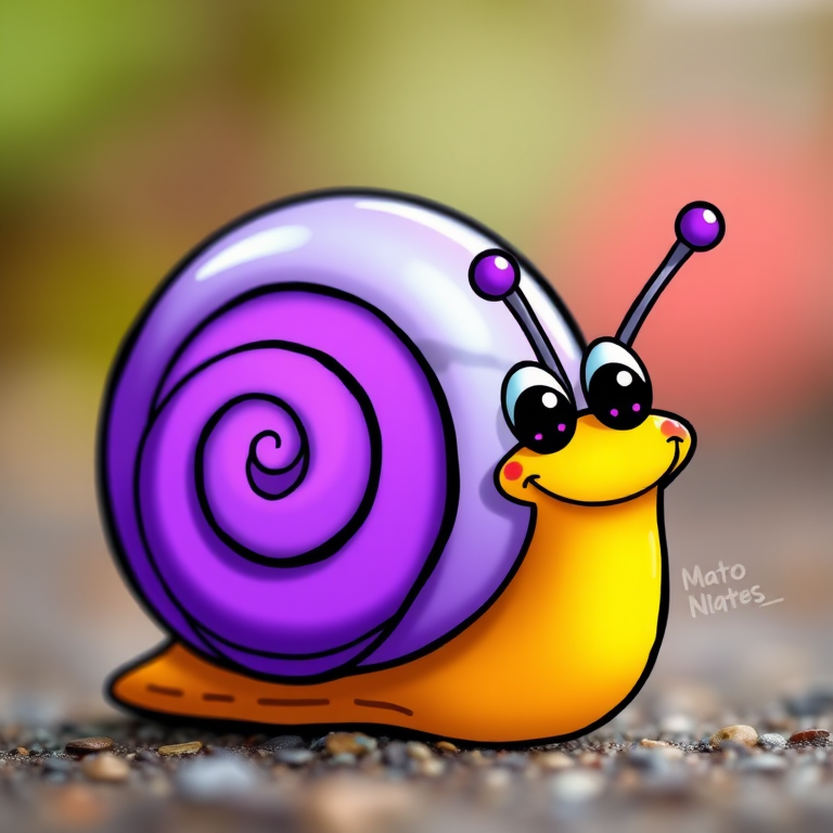 Draw a cartoon snail with a purple spiral shell and a smiling face, using a bright color palette, focus on detail in the shell texture, macro view with a shallow depth of field, digital art style, high-resolution settings.