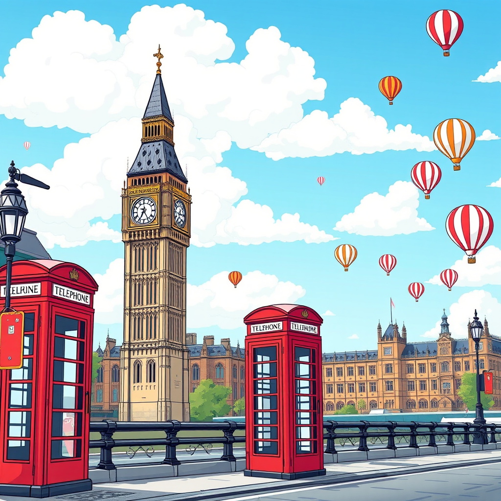 Create a vibrant illustration of London featuring Big Ben, a red telephone box, and hot air balloons, with a clear blue sky and fluffy clouds, using a digital drawing style, shot from a slightly elevated perspective with a 50mm lens at f/8, ISO 100 for sharp details.