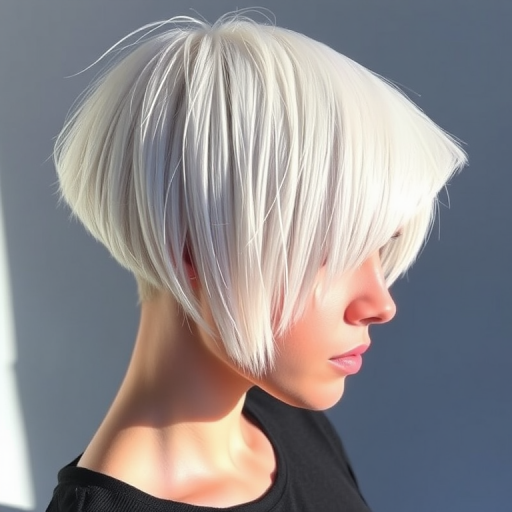 Icy platinum blonde hair cut into a sharp, architectural bob with geometric lines and angles comprises the avant-garde "Frost Prism" style, featuring holographic highlights that shift colors in the light, creating a futuristic and edgy look that pushes the boundaries of traditional hair design
