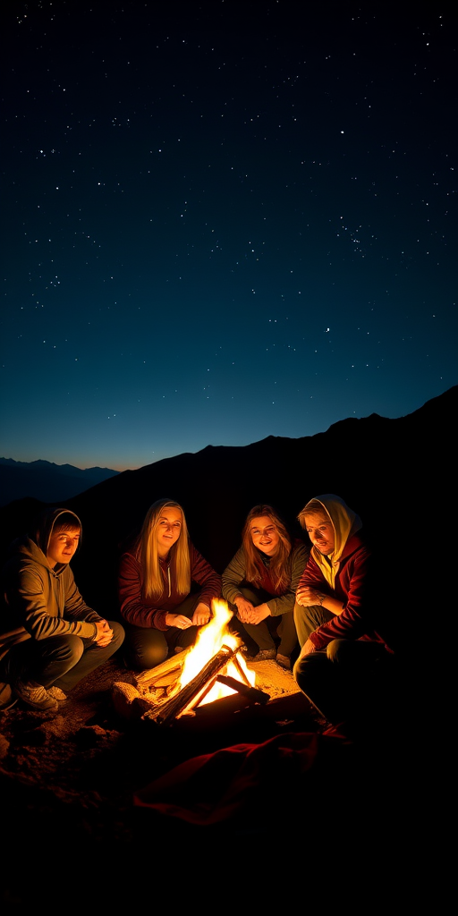 Warmly lit image of a group of friends huddled around a campfire under the stars, soft glow from the flames illuminating their faces, distant mountains silhouetted against the night sky.