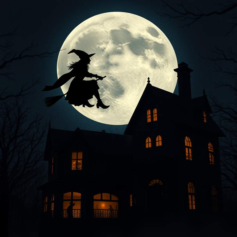 A silhouette of a witch flying on a broomstick in front of a large moon, dark haunted house with glowing windows, eerie atmosphere, captured with a DSLR camera at f/2.8, 1/60s, ISO 400, with a wide-angle lens and a low-angle view to emphasize the height of the moon and house.