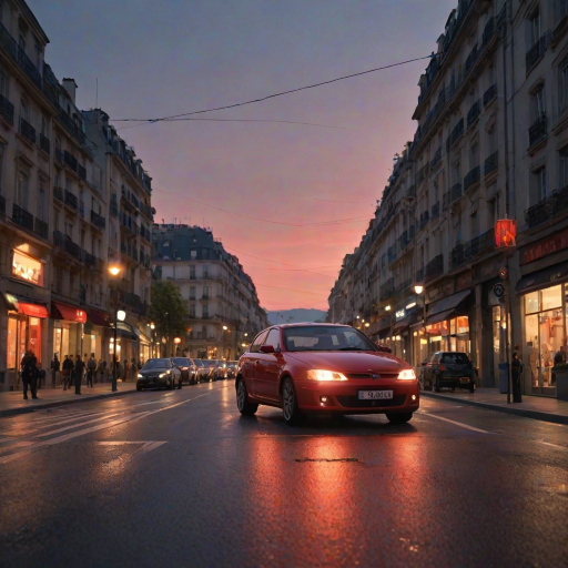 ((masterpiece, best quality)),In the evening, the sunset is reflected on the car, red car, the car is driving on the road, Dusk backlight, Street lights, street signs, parking signs, Render, UE5, Modernization, French architecture, bustling streets,