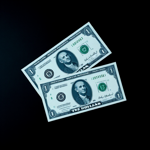 Create an image of two stylized blue dollar bills against a dark background, using a macro lens, f/2.8 aperture, ISO 100, capturing a top-down view with soft lighting to enhance contrast and detail.
