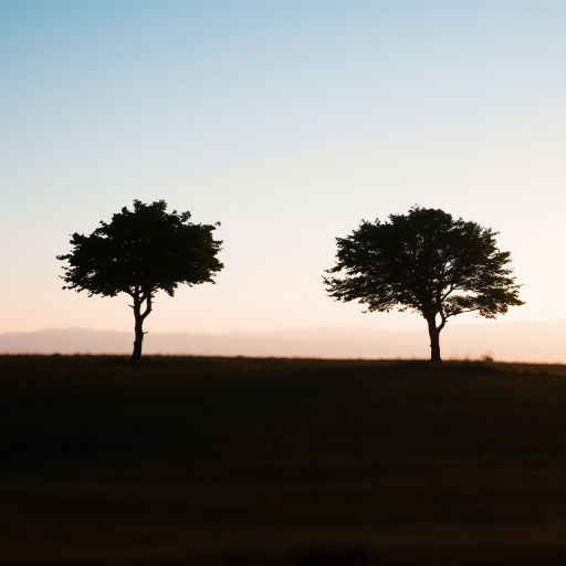Generate a serene landscape with two silhouetted trees on either side, a softly blended gradient background transitioning from blue at the top to warm earthy tones at the bottom, taken with a DSLR camera at f/11, ISO 100, 1/125s, using a wide-angle lens and soft focus style.